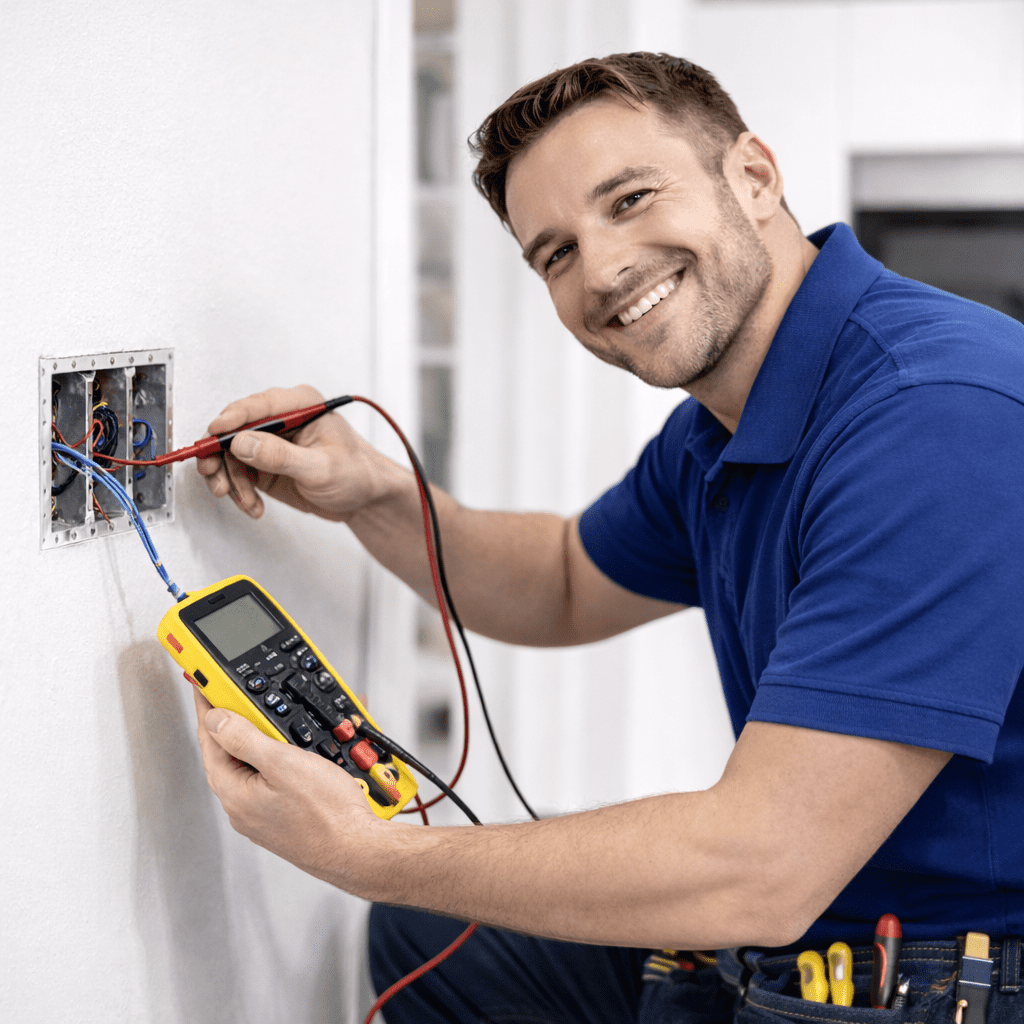 Electricista profesional realizando reparación eléctrica en vivienda en Madrid – servicio manitas Grupo SERBRILLIN